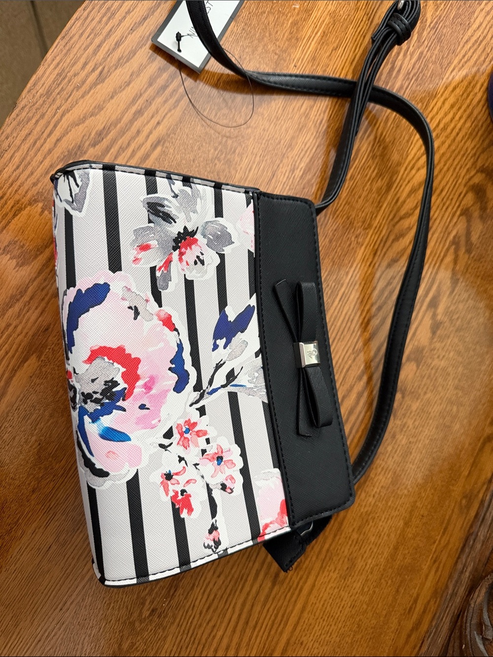 NWT Nine West Black/Gray Floral Stripe Crossbody Bag with Bow Accent